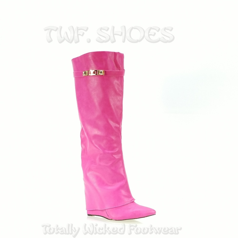 Fuchsia Pink Wedge Heel Skirted Knee Boots